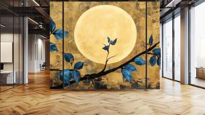 3 blue leaves on tree branches, golden moon, moonlight, canvas wall art painting Wall mural