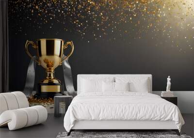 Champion trophy cup with falling confetti and streamers background. Generative AI Wall mural