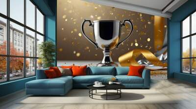 Champion trophy cup with falling confetti and streamers background. Generative AI Wall mural