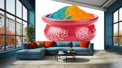 Multicolor clay pot or bowl with different powder colors for holi celebration isolated on transparent background. Generative AI Wall mural