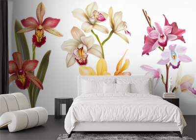 Set of exotic and colorful orchids including cymbidium, dendrobium, and vanilla Wall mural