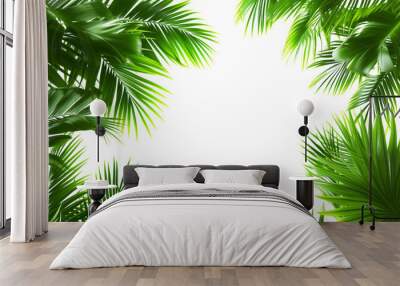 Tropical frame with green palm leaves. Tropical plant branches isolated on a transparent background. Wall mural