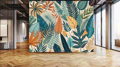 Abstract Nature Pattern Design Seamlessly Integrates Boho Foliage, Tropical Leaves, and Floral Elements for Engaging Visual Content. Wall mural