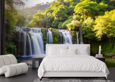 Waterfall Cascading Through Verdant Forest Wall mural