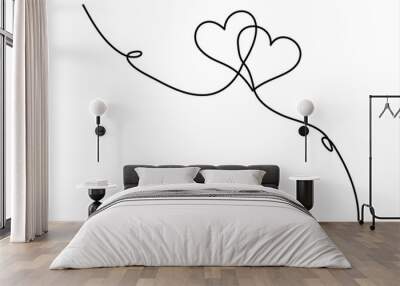 Two hearts continuous single line art drawing  Vector illustration isolated on white background Wall mural