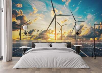 Wind turbine and solar panels, renewable energy Wall mural