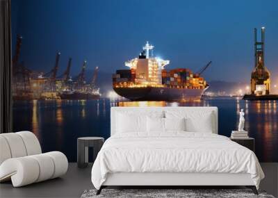 Container ship preparing to leave port late at night Wall mural