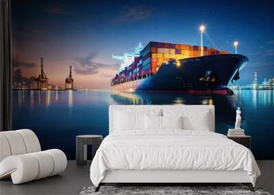 Container ship preparing to leave port late at night Wall mural