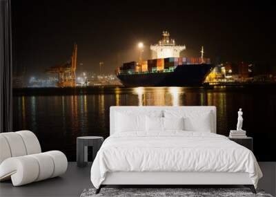 Container ship preparing to leave port late at night Wall mural