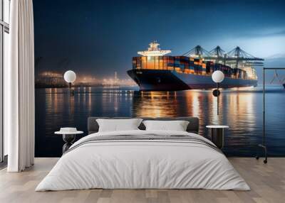 Container ship preparing to leave port late at night Wall mural