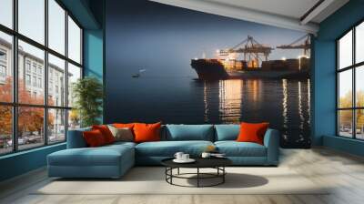 Container ship preparing to leave port late at night Wall mural