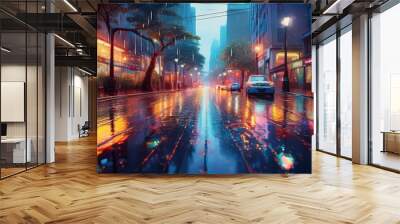 Lights and lighting in a rainy city Wall mural