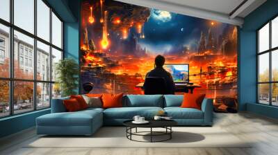 Artistic illustration of a man painting a futuristic cityscape at night. Imaginative artwork combining technology, nature, and urban elements Wall mural