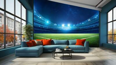 beautiful sports stadium with a green grass field shines with blue spotlights at night with stars. Sports tournament, world championship Wall mural