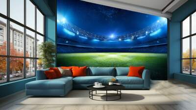 beautiful sports stadium with a green grass field shines with blue spotlights at night with stars. Sports tournament, world championship Wall mural