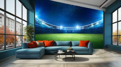 beautiful sports stadium with a green grass field shines with blue spotlights at night with stars. Sports tournament, world championship Wall mural