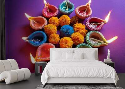 Diwali background content with traditional clay lamps and marigold flowers Wall mural