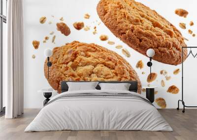 Falling oatmeal cookies isolated on white background_cookies isolated Wall mural