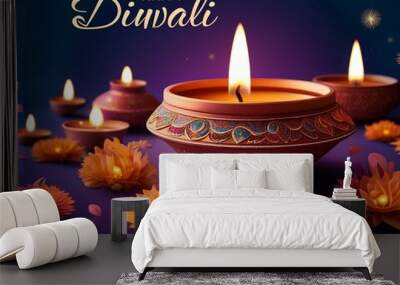 Happy Diwali - Lit diya lamp on street at night Wall mural