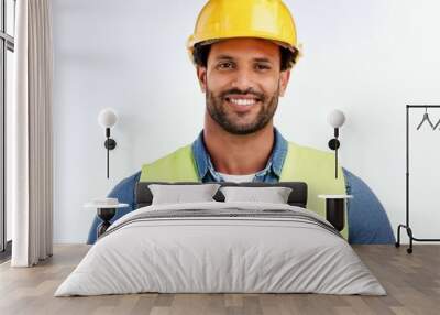 Male worker in vest and hardhat on white background Wall mural