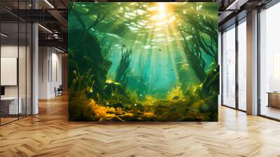 Oceanic kelp forest, Underwater serenity, Sunlit seaweed with shimmering schools, Wall mural