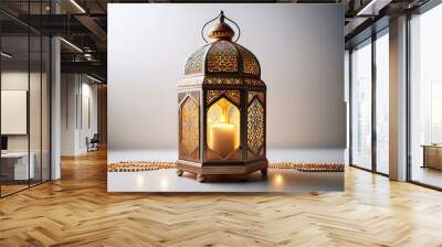 Ornamental Arabic lantern with burning candle glowing at night mosque background. Festive greeting card, invitation for Muslim holy month Ramadan  Wall mural