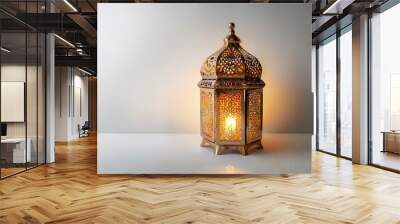 Ornamental Arabic lantern with burning candle glowing at night mosque background. Festive greeting card, invitation for Muslim holy month Ramadan  Wall mural