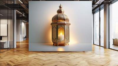 Ornamental Arabic lantern with burning candle glowing at night mosque background. Festive greeting card, invitation for Muslim holy month Ramadan  Wall mural