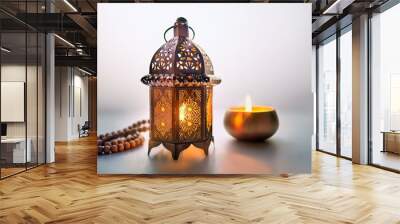 Ornamental Arabic lantern with burning candle glowing at night mosque background. Festive greeting card, invitation for Muslim holy month Ramadan  Wall mural