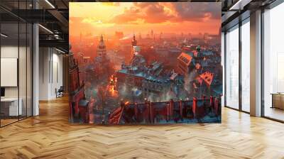 Paris Skyline at Sunset, Panoramic View with Eiffel Tower and Seine River in Summer Wall mural