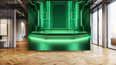 Technological Studio Background with Neon Panels in green Colors. Futuristic Podium for Product Presentation  Wall mural