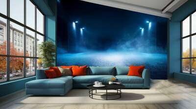 The dark stage shows, dark blue background, an empty dark scene, neon light, spotlights The asphalt floor and studio room with smoke float up the interior  Wall mural