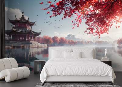 Traditional Korean Palace by the Lake, Reflective Waters and Historic Architecture in Seoul Wall mural