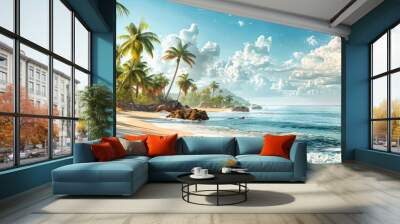 Tranquil Beach Scene with Palm Trees, Perfect Tropical Paradise, Blue Sky and Clear Water, Sri Lanka Coast Wall mural