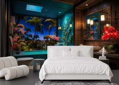 Tropical Luxury Bathroom: A Modern Interior with Exotic Vibes and Relaxing Ambiance. Wall mural