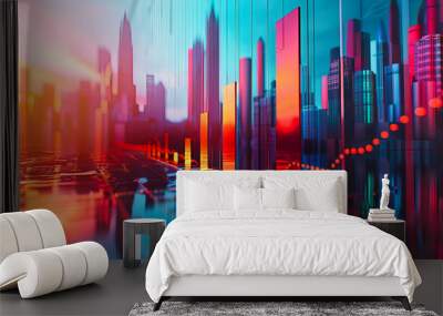 Urban Skyline with Modern Skyscrapers at Night, Abstract Concept of Business and Architecture with Neon Highlights Wall mural