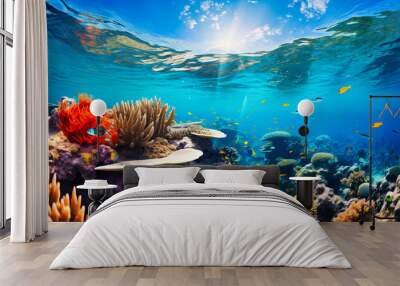 Vibrant coral reef teeming with marine life and clear turquoise waters Wall mural