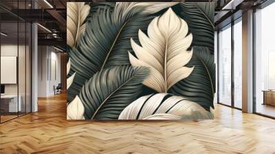 Vintage tropical green brown leaves, beige background, golden texture. Luxury mural, premium wallpaper. 3d painting illustration, watercolor design.  Wall mural