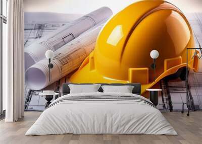 yellow hard safety wear helmet hat placed on blueprint at construction site-building.helmet for workman as engineer or worker. concept safety first  Wall mural