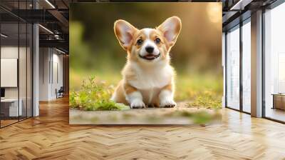 Cute Welsh corgi puppy sitting outdoor in summer Wall mural