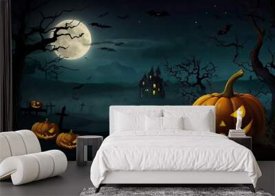 Halloween background spooky night with evil pumpkin Wall mural