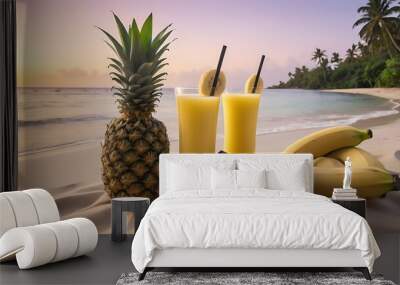 Pineapple juice and bananas on a tropical beach at dusk Wall mural