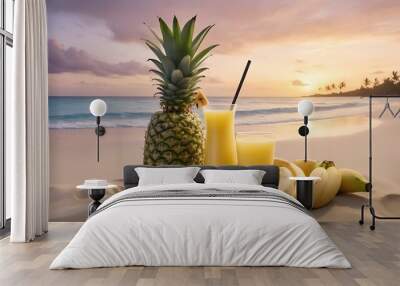 Pineapple juice and bananas on a tropical beach at dusk Wall mural