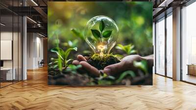 renewable energy light bulb with green energy, earth day or environment protection hands protect for Wall mural