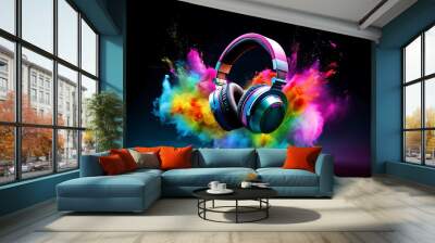 Stereo headphones exploding in festive colorful splash, dust and smoke with vibrant light effects on loud music sound, pulse, bass and beats, ready for party - Wall mural