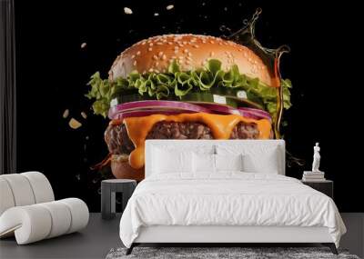 Floating hamburger with meat cheese, tomatoes, lettuce, and splash. Wall mural