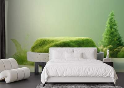 3D Stone Podium with Moss on Green Background for Beauty Product Promotion Wall mural