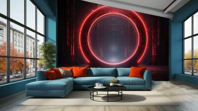 Amazing Circles of bright red neon lights illuminated by light from above Wall mural