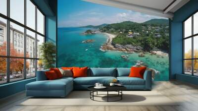 Bird-eye panorama of Phuket coastline on sunny day. Generative Ai Wall mural