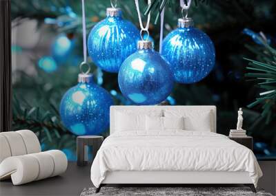 blue new years decorations in blue tinsel for Christmas tree Wall mural